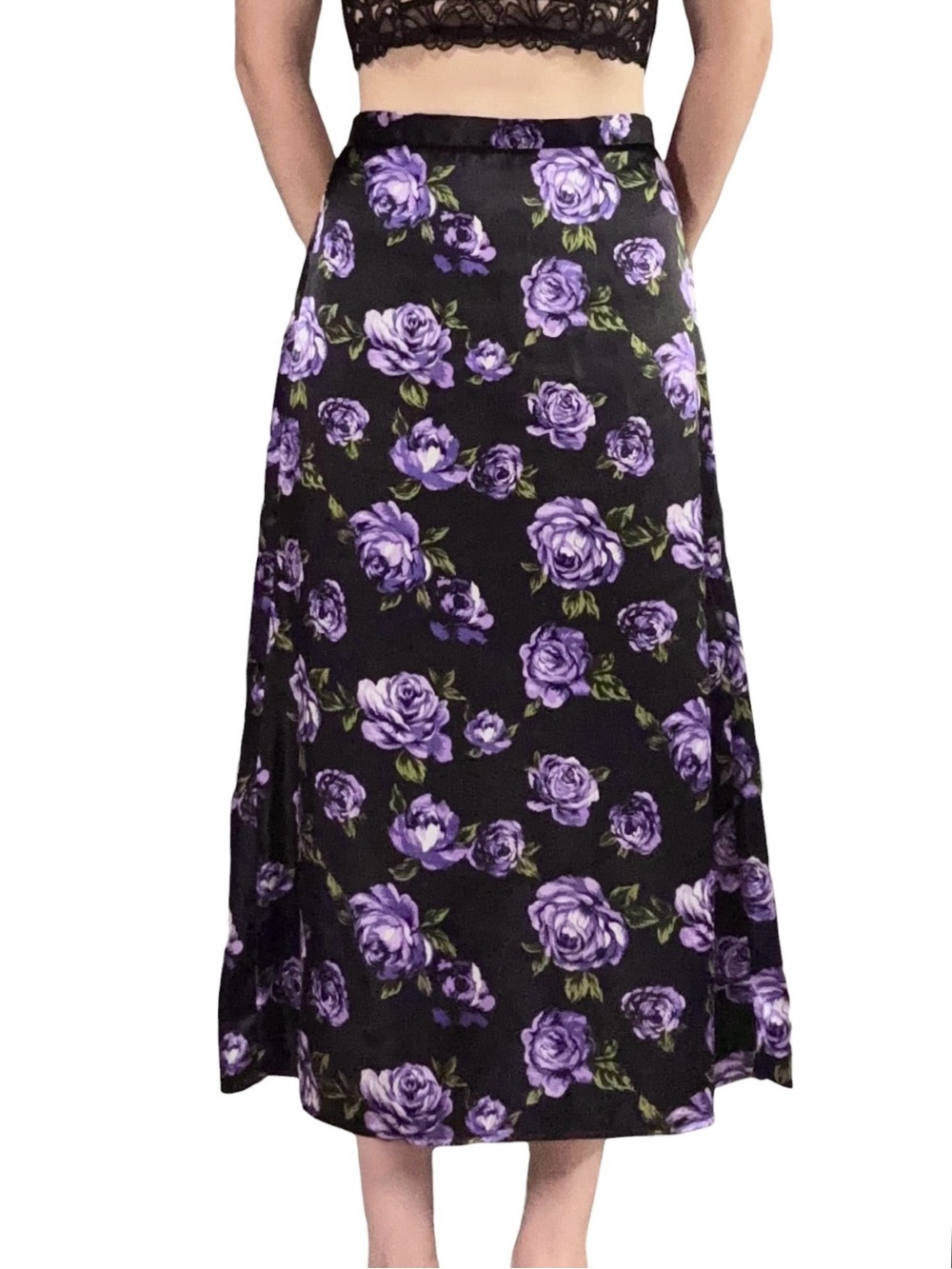 Amy Byer | Vintage Y2K Black and Purple Floral Satin High Waisted Midi Skirt